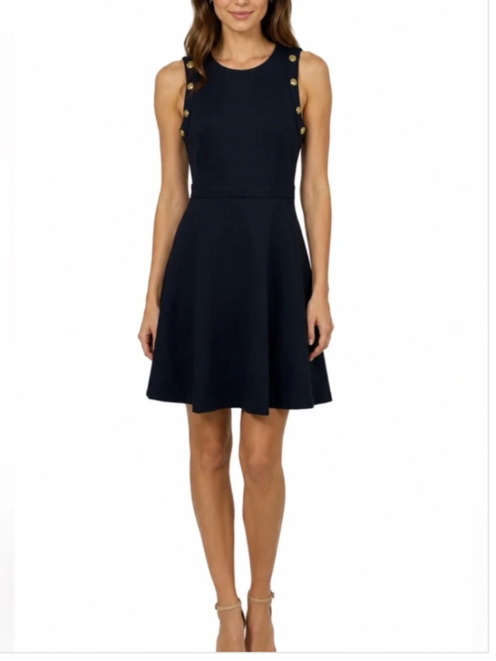 White House Black Market Sleeveless Black A-Line Dress with Gold Button Trim